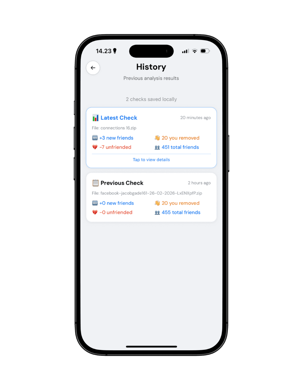 UnfriendCheck history — locally stored data with privacy